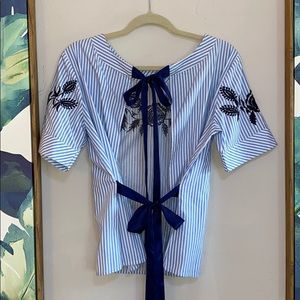America & Beyond Blue Embroidery Striped Bow Open Back Blouse / Top Small NWT